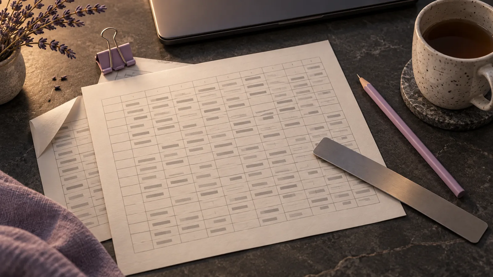 A printed spreadsheet grid with a steel ruler and a lilac pencil beside a closed laptop and a mug.