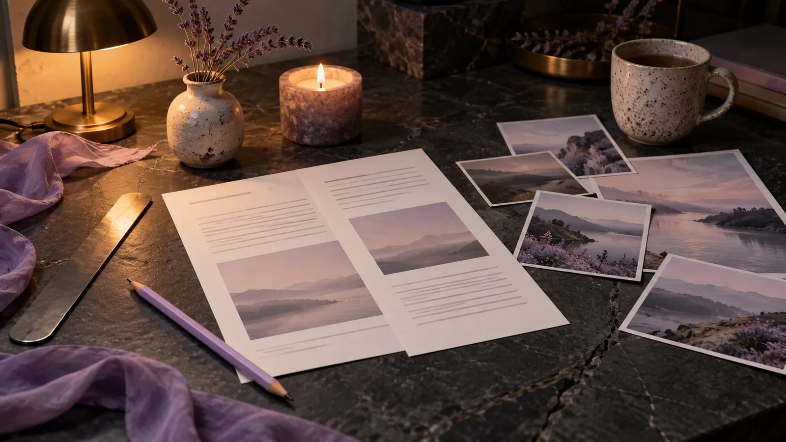 Two printed pages with photos beside several loose picture prints, a lilac pencil and a steel ruler on a dark stone desk.