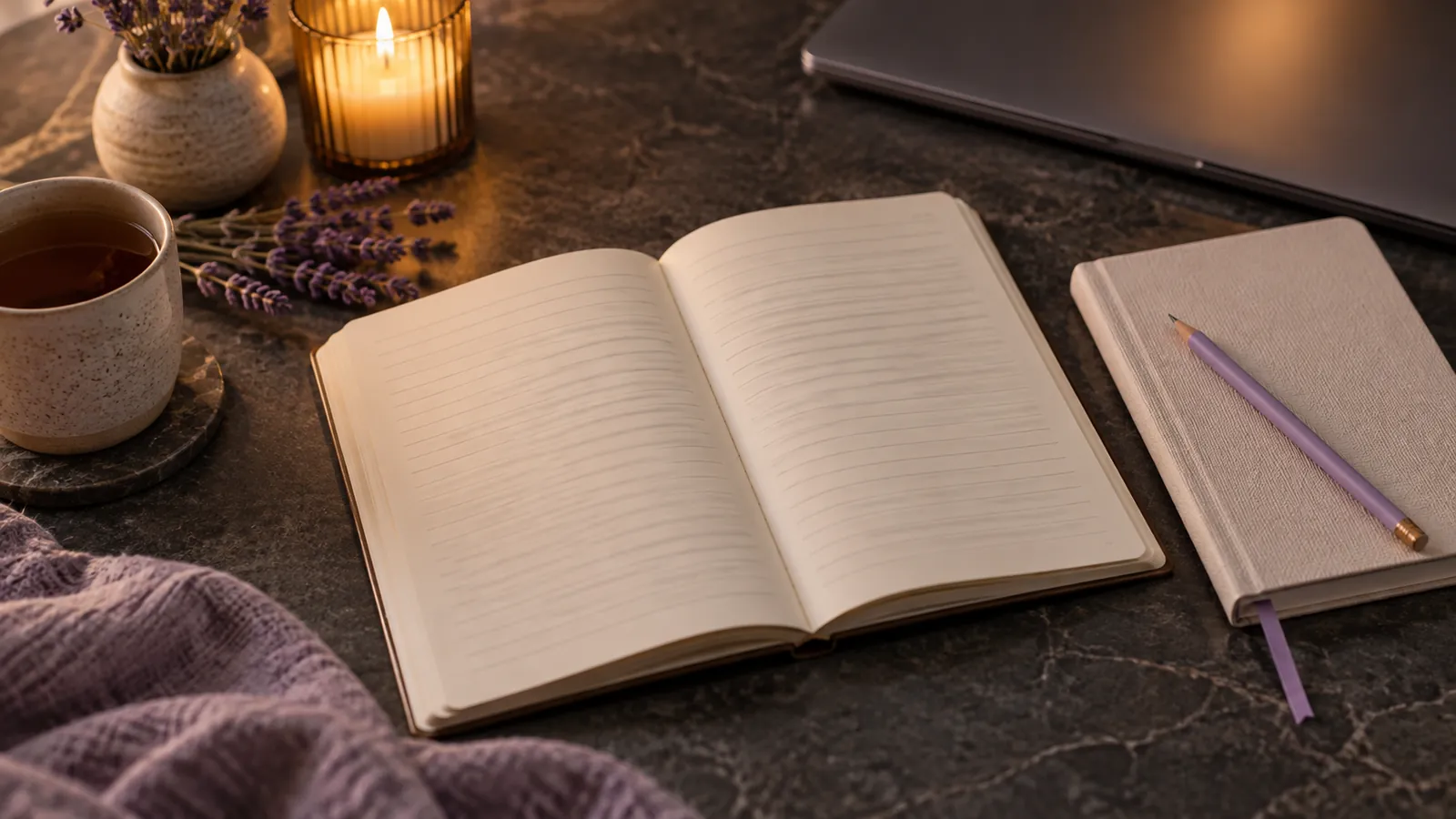 An open book with lined pages next to a closed notebook with a lilac pencil and a ribbon bookmark.