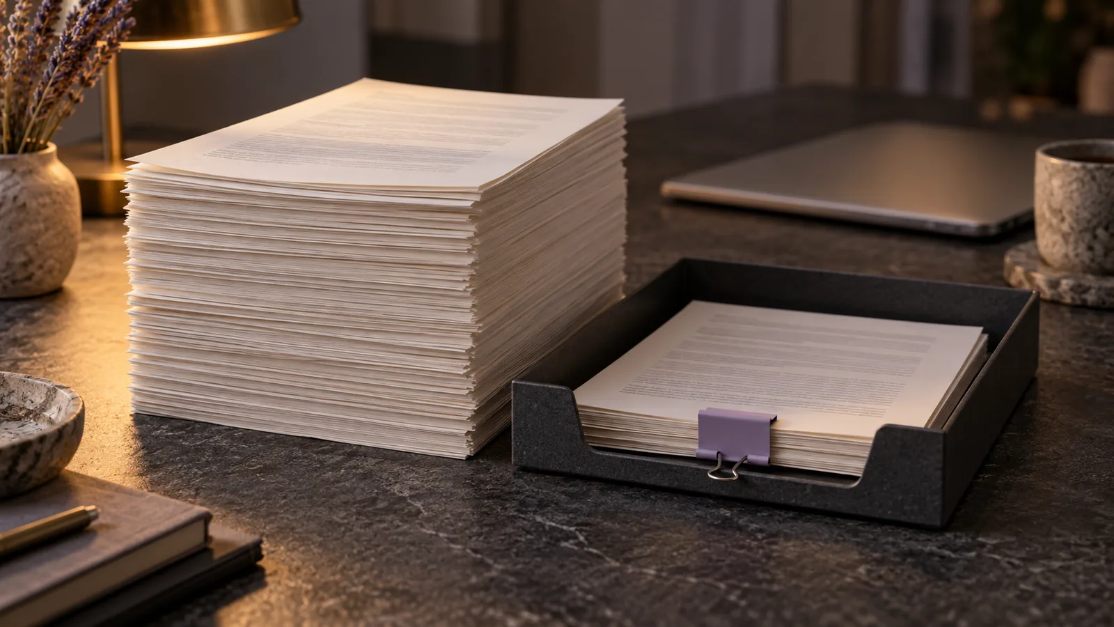 A tall stack of paper beside a desk tray holding a smaller clipped stack.