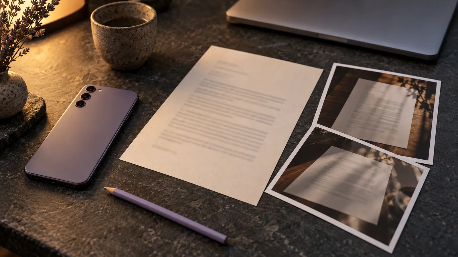 A smartphone, a printed page and two printed photos of documents on a dark desk.
