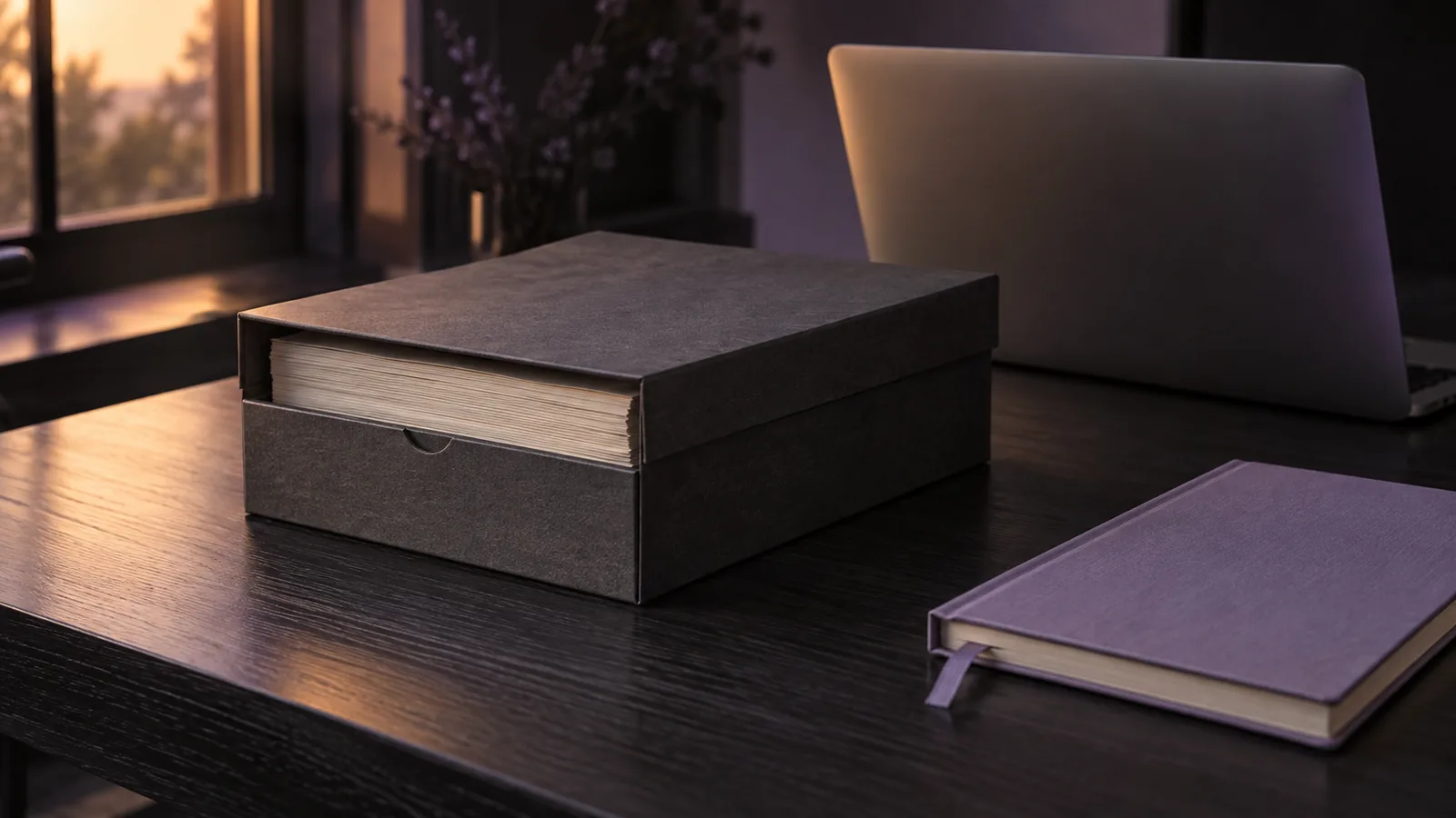 Una caja de documentos, un portátil y un cuaderno lavanda sobre un escritorio tranquilo.