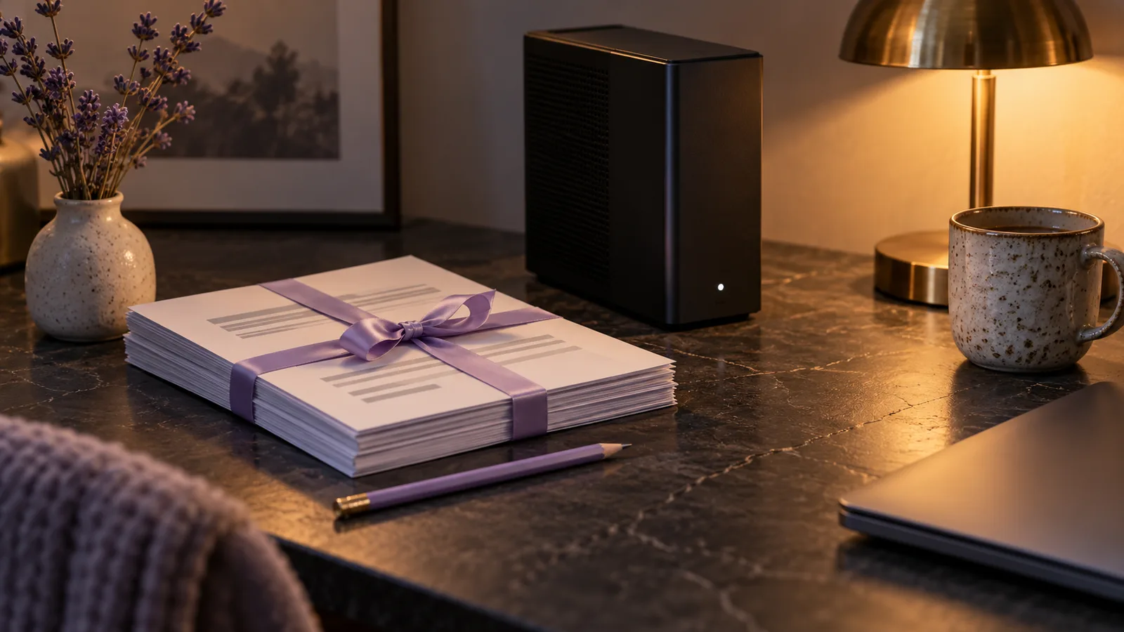 A stack of pages tied with a lilac ribbon beside a small black computer with a white status light, with a lilac pencil in front.