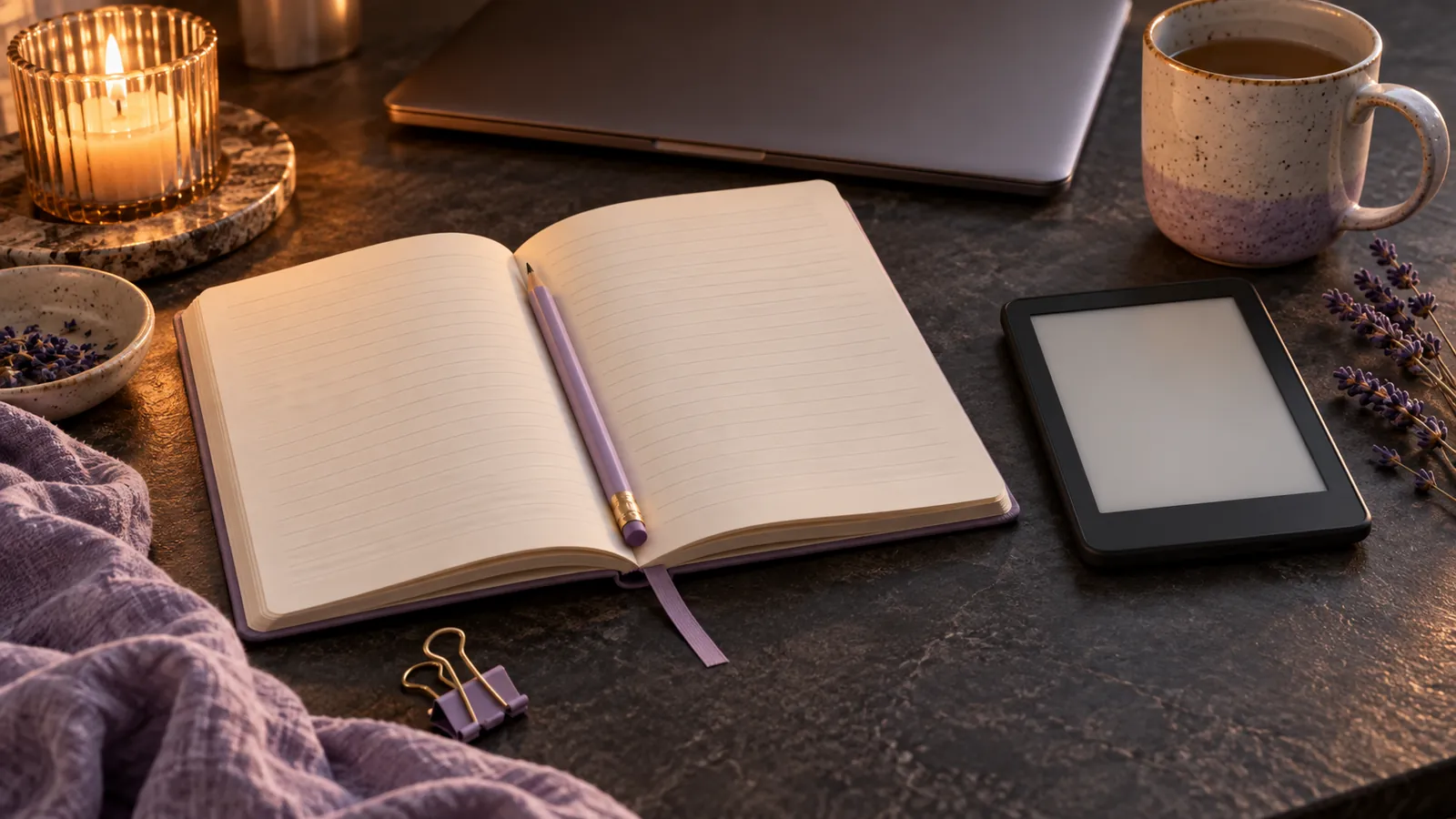 A small e-reader with a blank screen beside an open notebook with a lilac pencil.