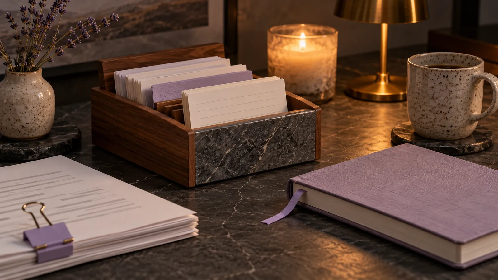Una scatola di legno con schede, una pila di pagine con una molletta lilla e un quaderno chiuso con un segnalibro a nastro.