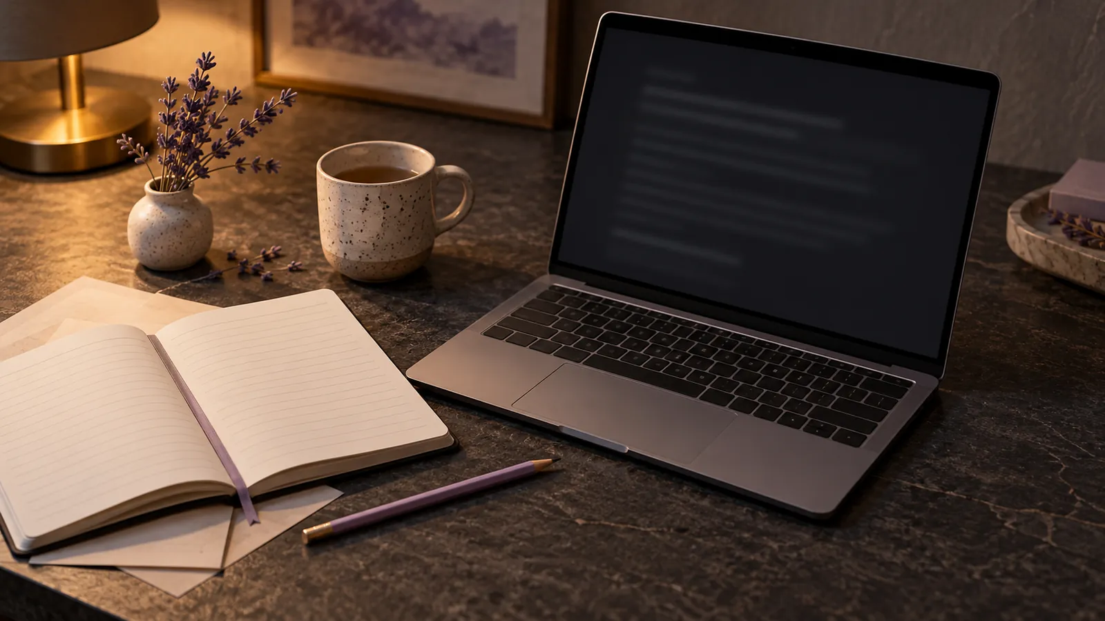 An open laptop with a blurred screen beside an open lined notebook, a lilac pencil and dried lavender on a dark stone desk.