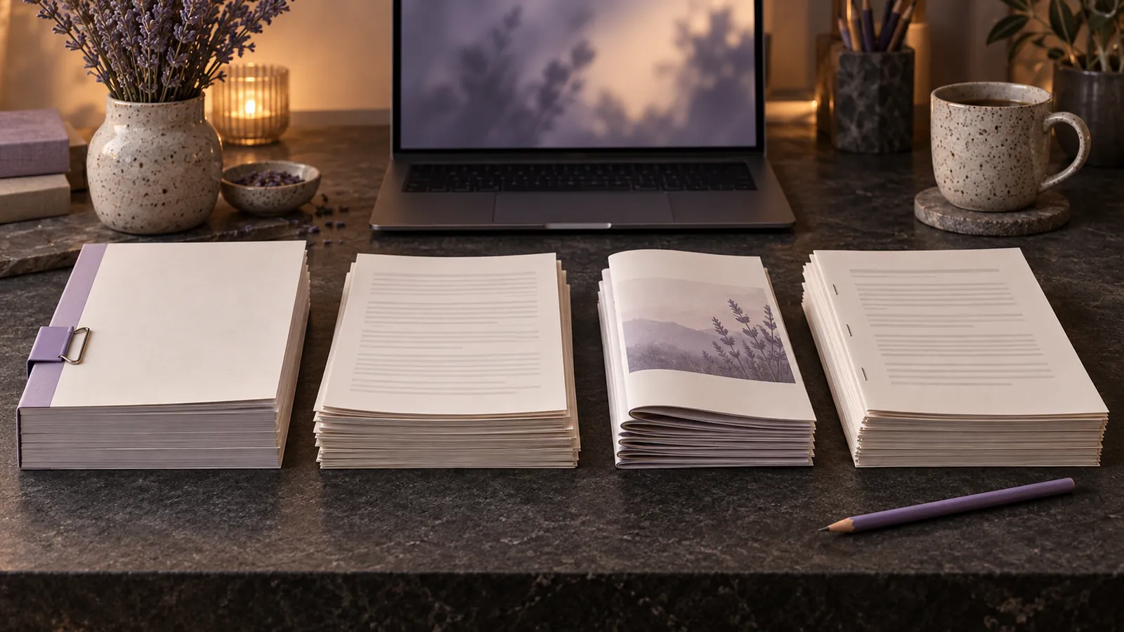 Four stacks of different paper documents lined up side by side in front of a laptop.
