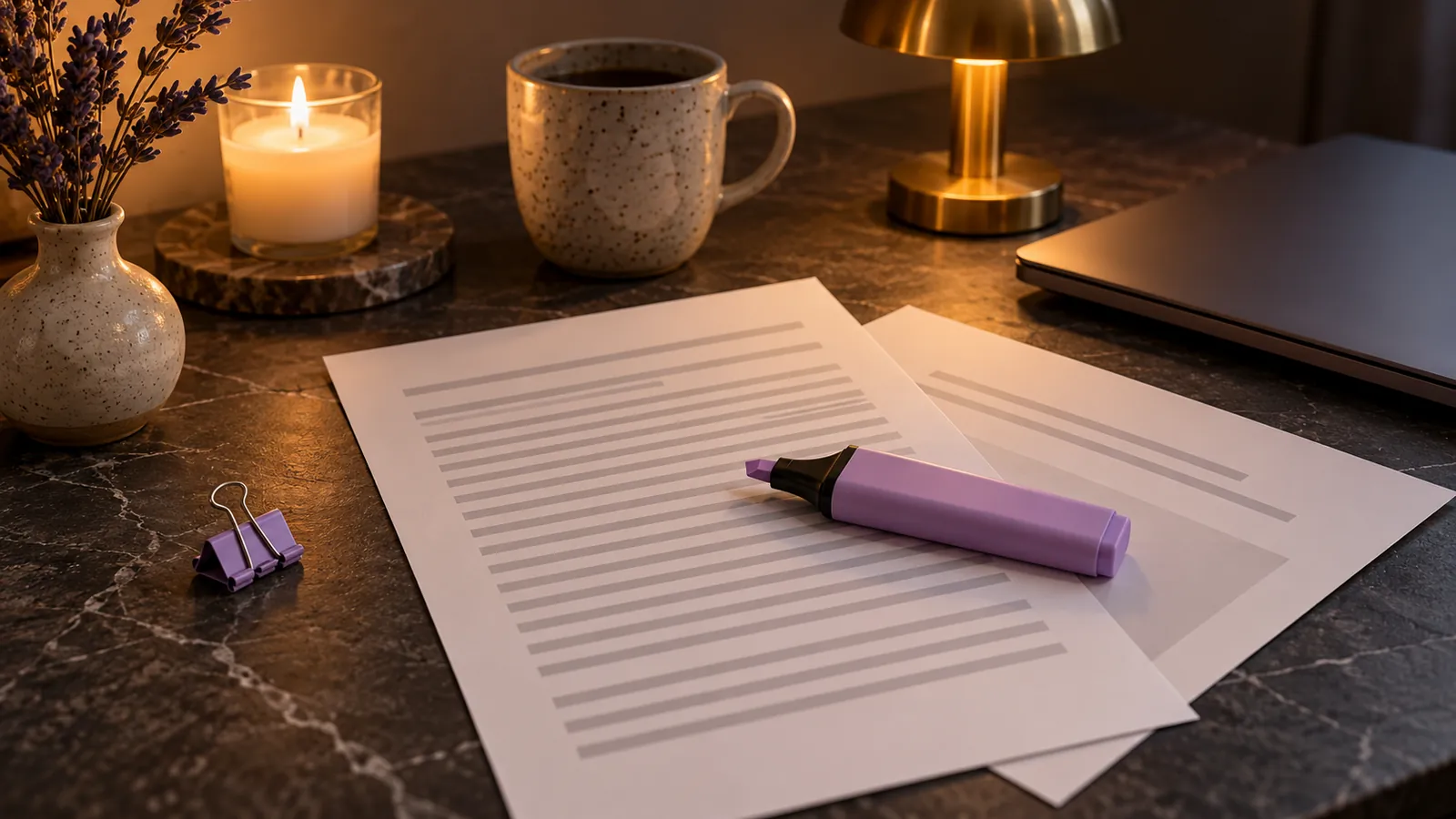 Two printed pages with rows of grey lines and a lilac highlighter on a dark stone desk.