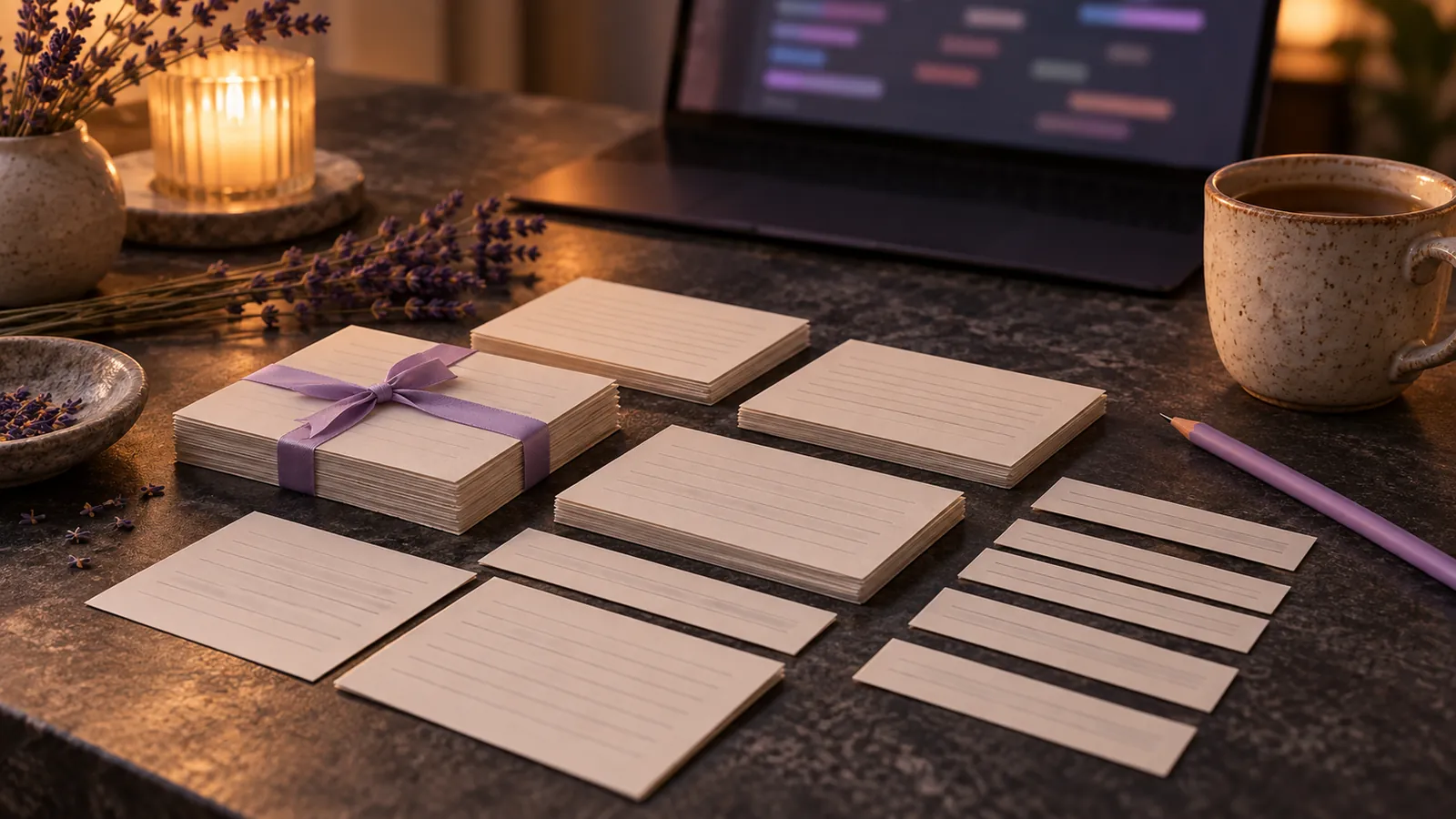 Stacks of lined index cards and paper strips beside a laptop, one stack tied with a lilac ribbon.