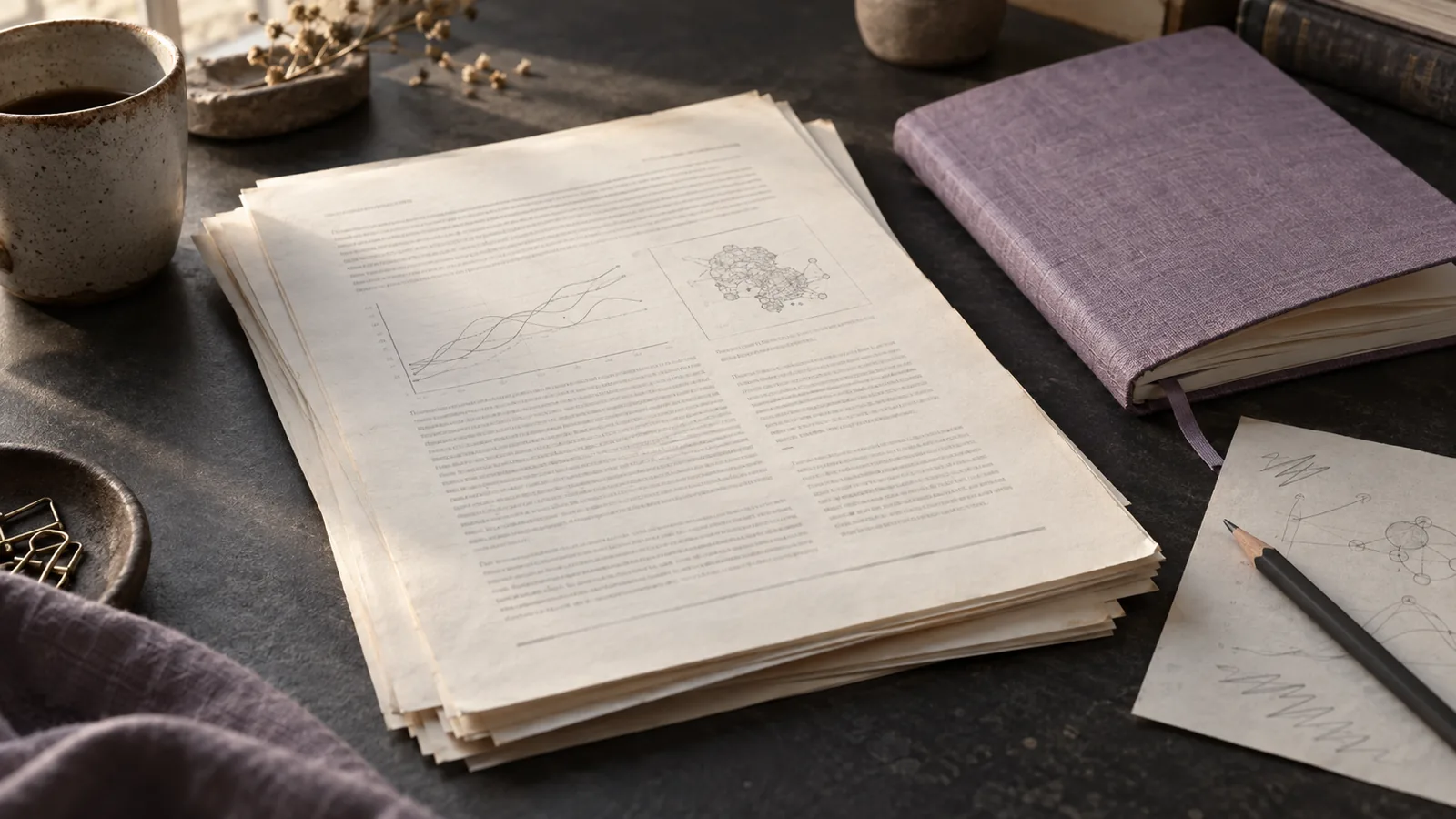 Printed research papers with charts beside a lavender notebook and pencil notes.