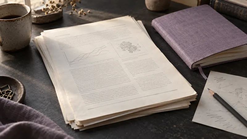Articoli scientifici stampati con grafici accanto a un quaderno color lavanda e appunti a matita.