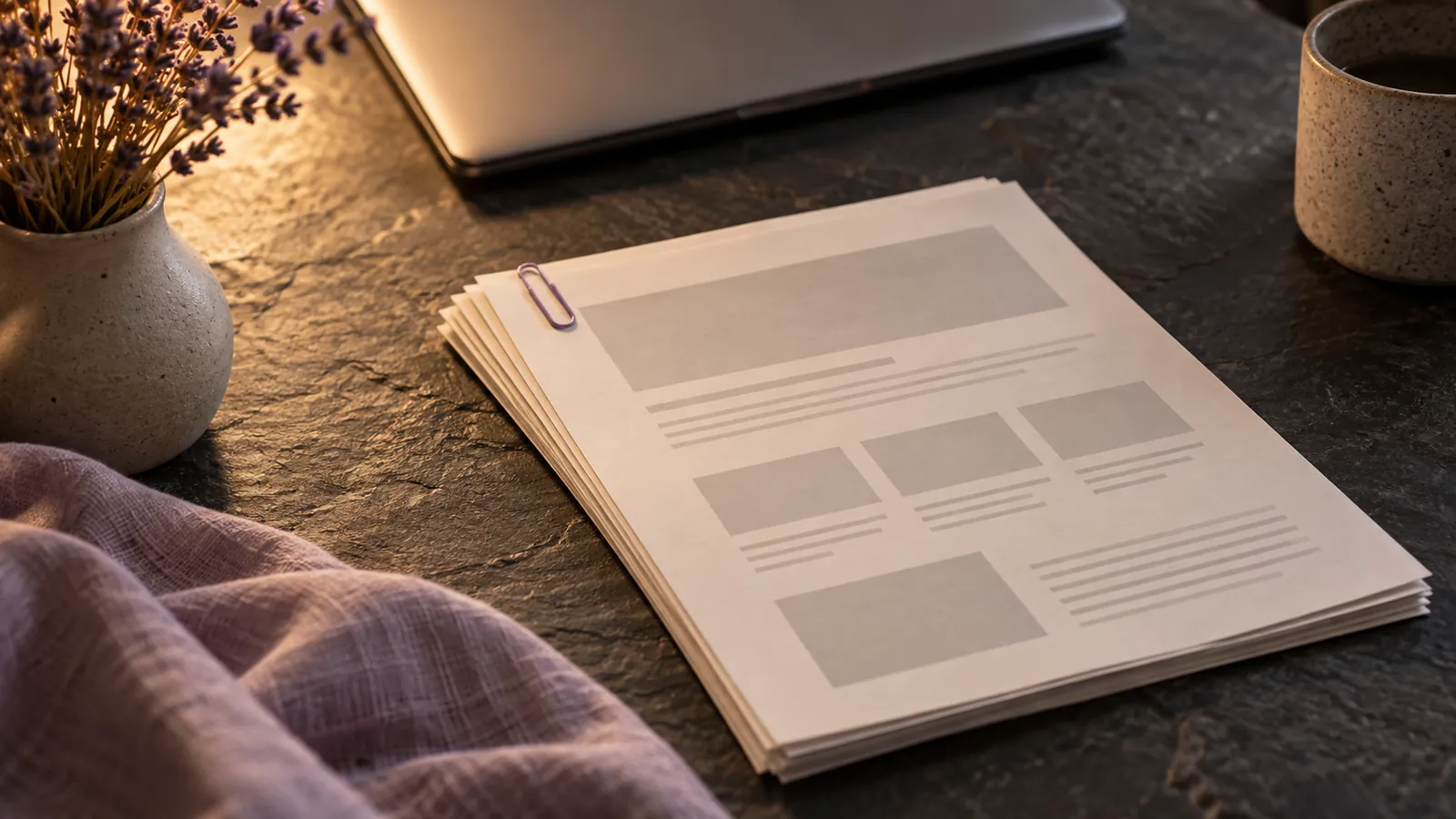 A clipped stack of printed web page layouts beside a laptop.