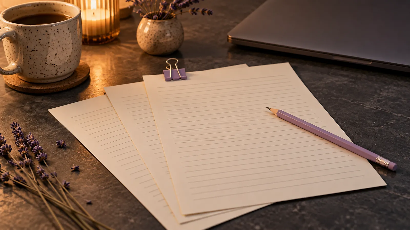 Three loose sheets of lined paper with a lilac binder clip and a lilac pencil on a dark desk.