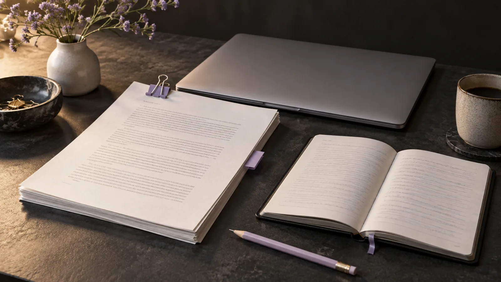 A paper manuscript and open notebook beside a closed laptop.