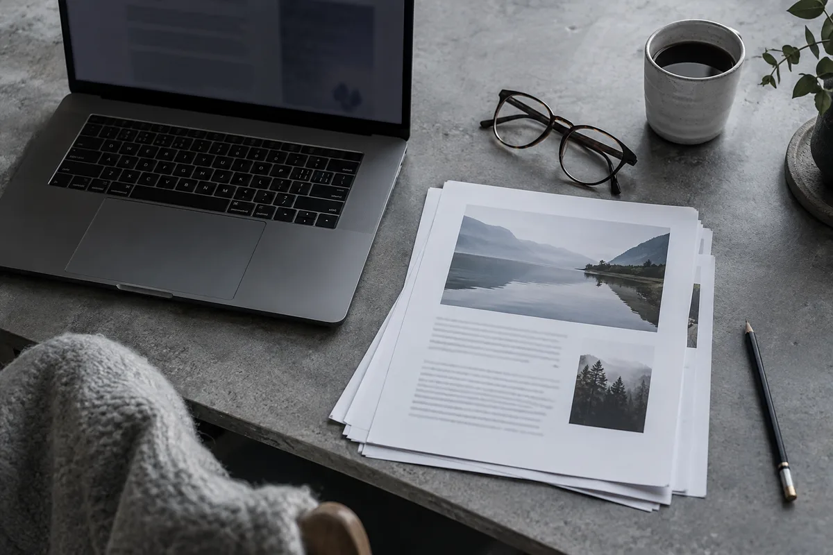 Laptop beside a printed report, reading glasses and pencil