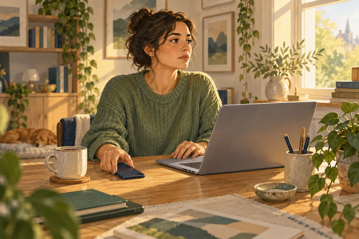 Person at a desk holding a phone next to a laptop, fingers paused over the keyboard as if waiting for a code