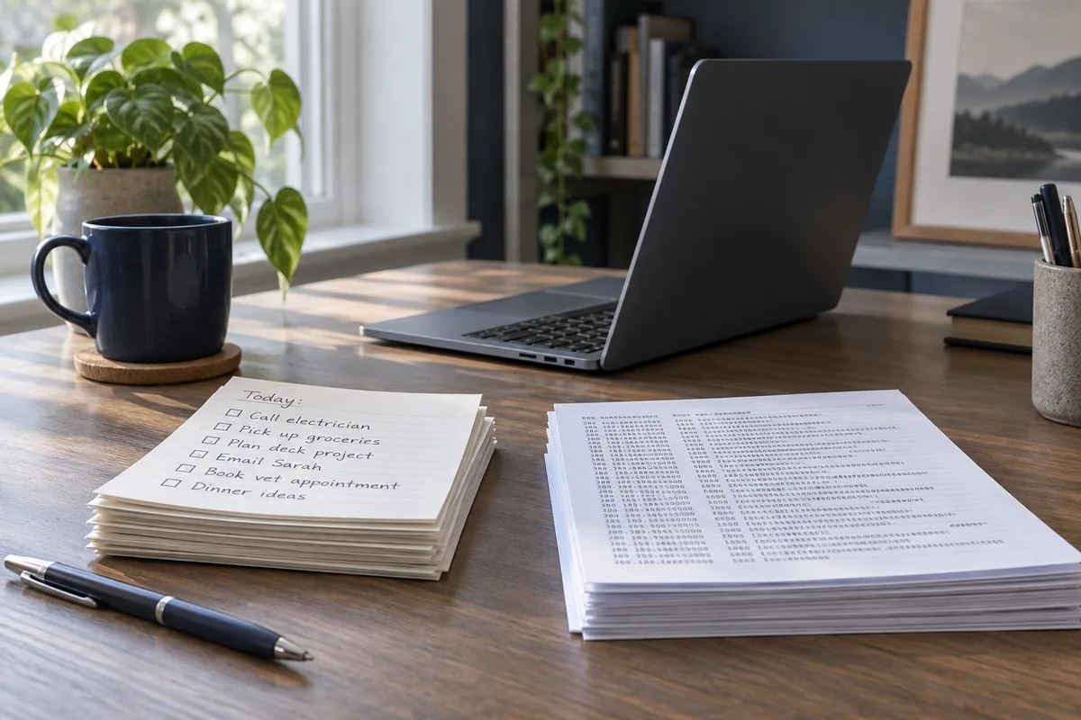 Laptop beside reminder notes and a technical diagnostic printout