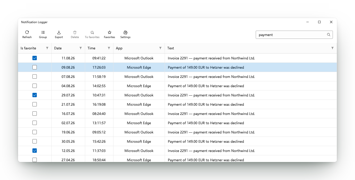 Notification Logger on Windows 11: a search for the word payment narrowing a year of notifications down to the matching ones from Outlook and Edge.