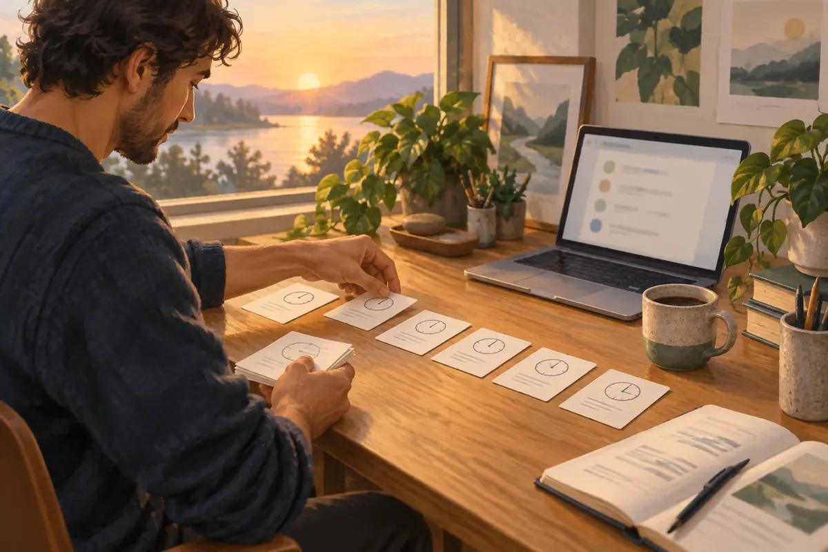 Engineer arranging handwritten time-stamped index cards in a row on a desk beside a laptop at dawn