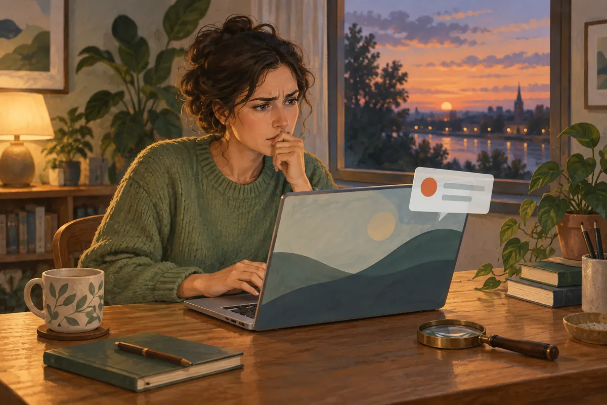 Person at a desk frowning at a notification card beside a laptop screen, with a magnifying glass on the desk