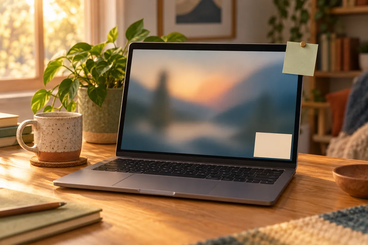 Illustrated desk with a laptop showing a single small card stuck in the corner of the screen, a sticky note on the monitor edge and a mug