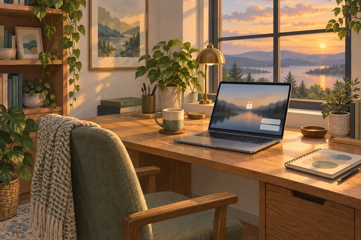 Empty desk in early evening light with an open laptop showing the lock screen and a chair pushed back
