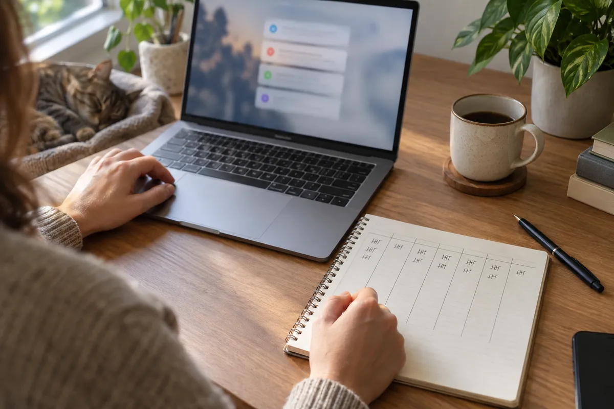 Person recording tally marks in a notebook beside a laptop with a blurred notification screen