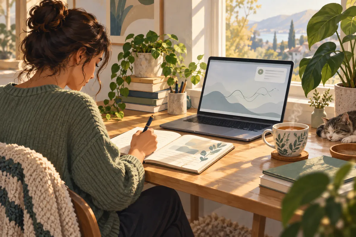 Person writing in a paper journal at a desk beside a laptop showing an abstract line chart, warm morning light