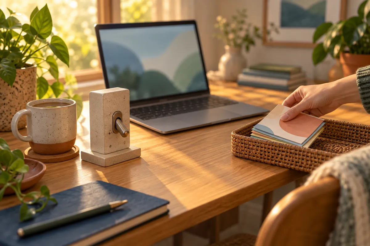 Illustrated desk with a laptop, a hand placing colourful tip cards into a woven tray and a small lever switch beside a mug