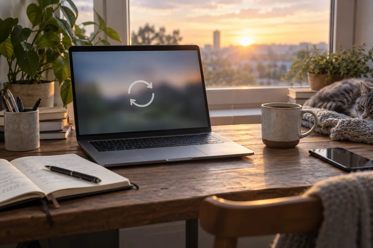 Laptop, unfinished notebook and coffee on a desk in morning light after an overnight update