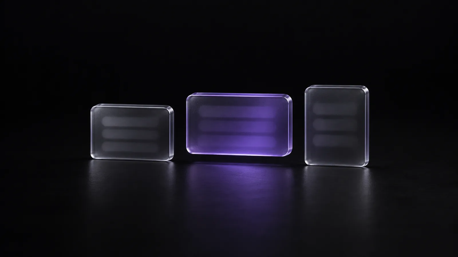 Illustration: three small glass panes in a row, the middle one raised and glowing violet.