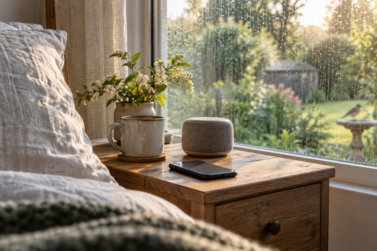 Phone and small speaker on a bedside table beside a rain-speckled window in early morning light