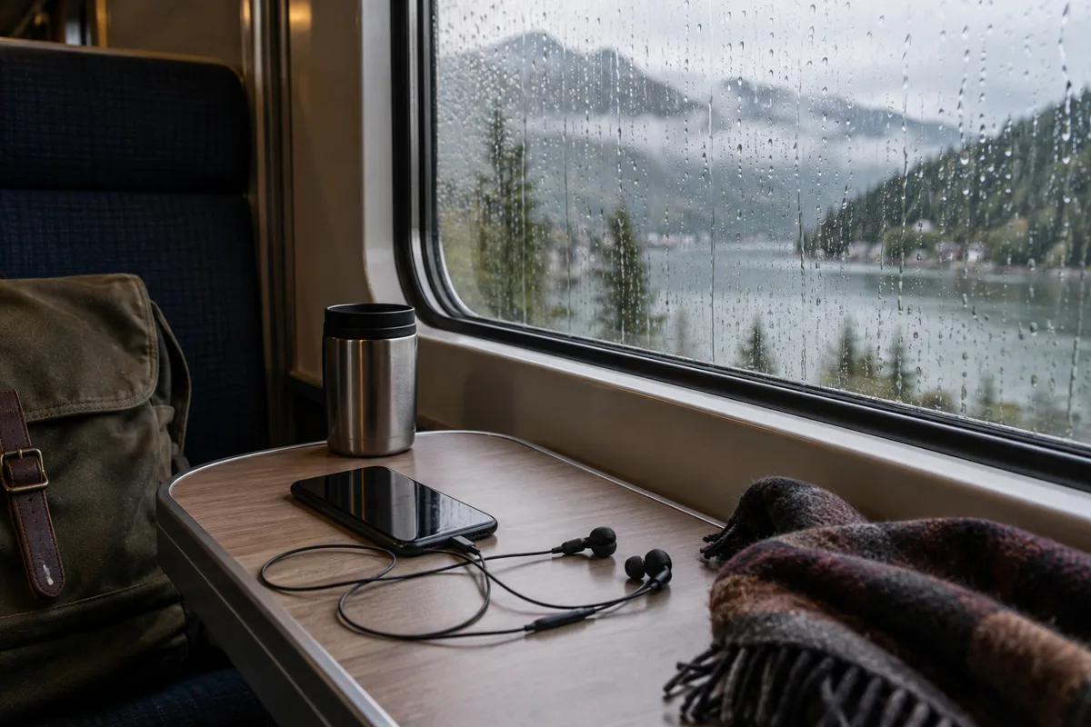 Phone and wired headphones beside a rain-streaked train window