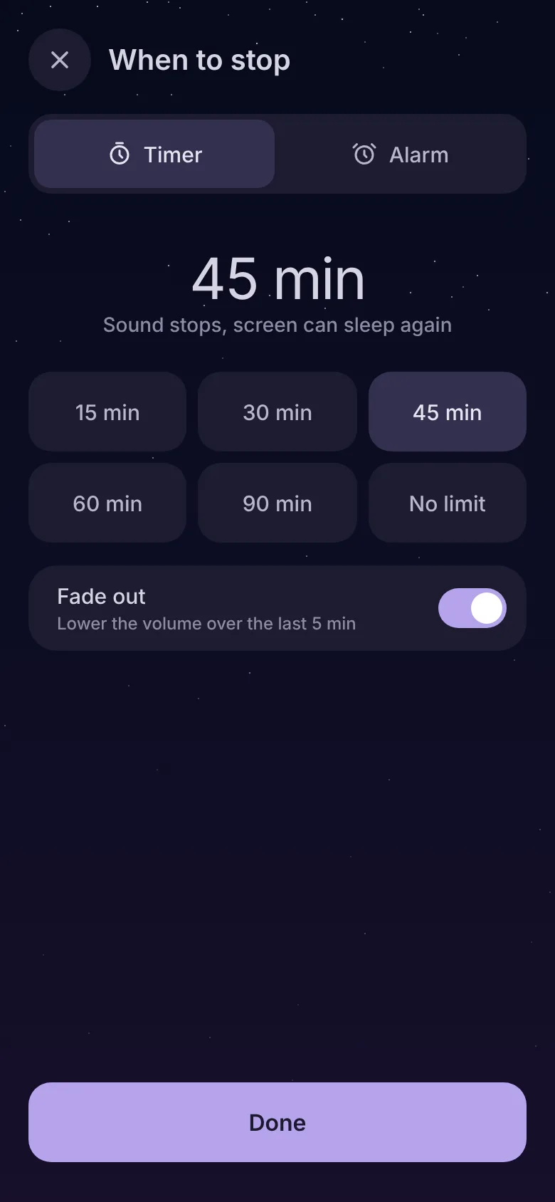 Relaaax timer screen: 45 minutes selected, presets from 15 to 90 minutes and No limit, Fade out switched on