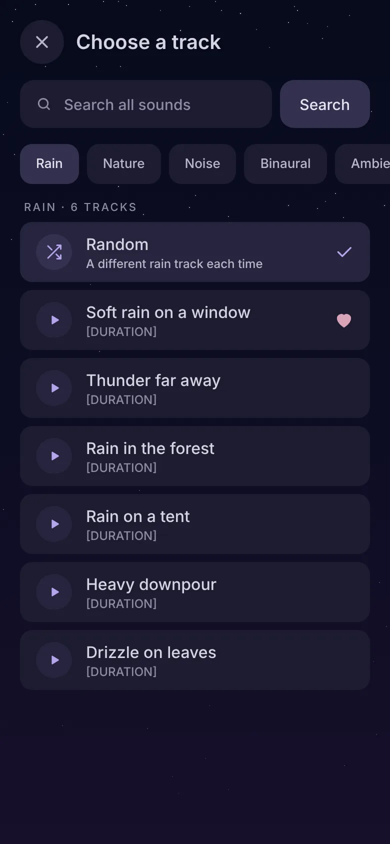 Relaaax track list for Rain with search and favorites