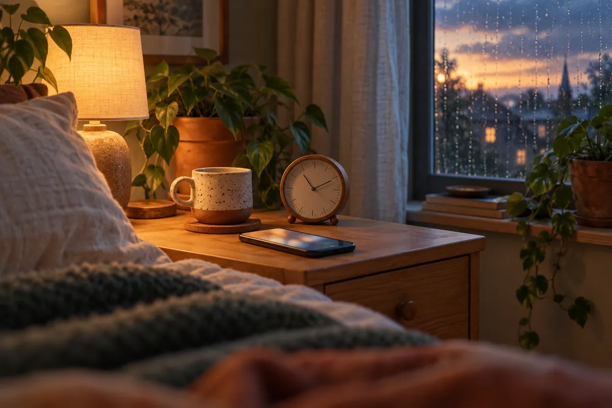 Illustrated bedside table at dusk with a phone, a small clock and a cup beside a rain-streaked window
