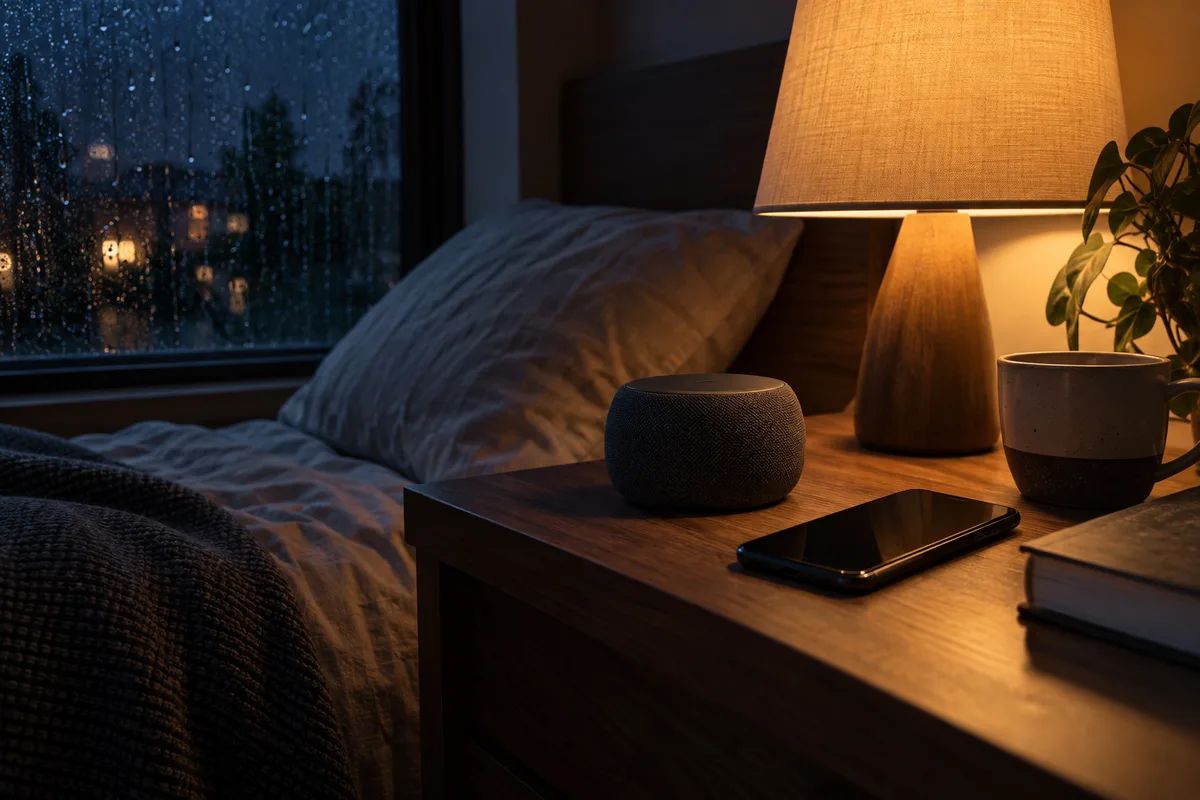 Locked phone and small speaker on a softly lit bedside table