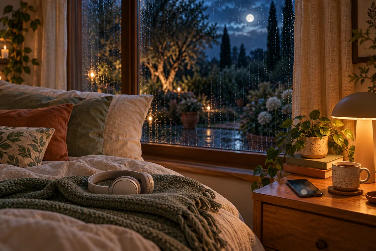 Illustrated bed beside a rainy night window, with headphones on a knitted blanket and a phone on the bedside table
