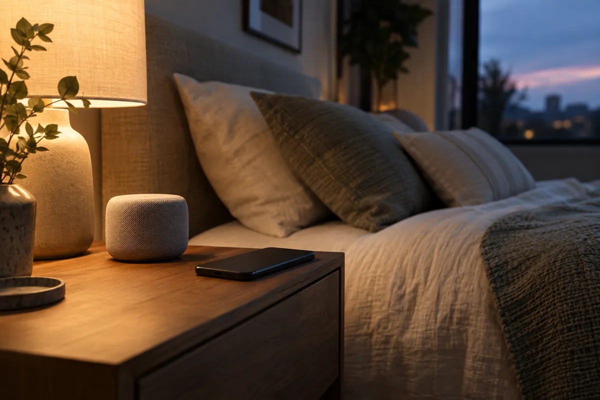 Small speaker and phone on a softly lit bedside table