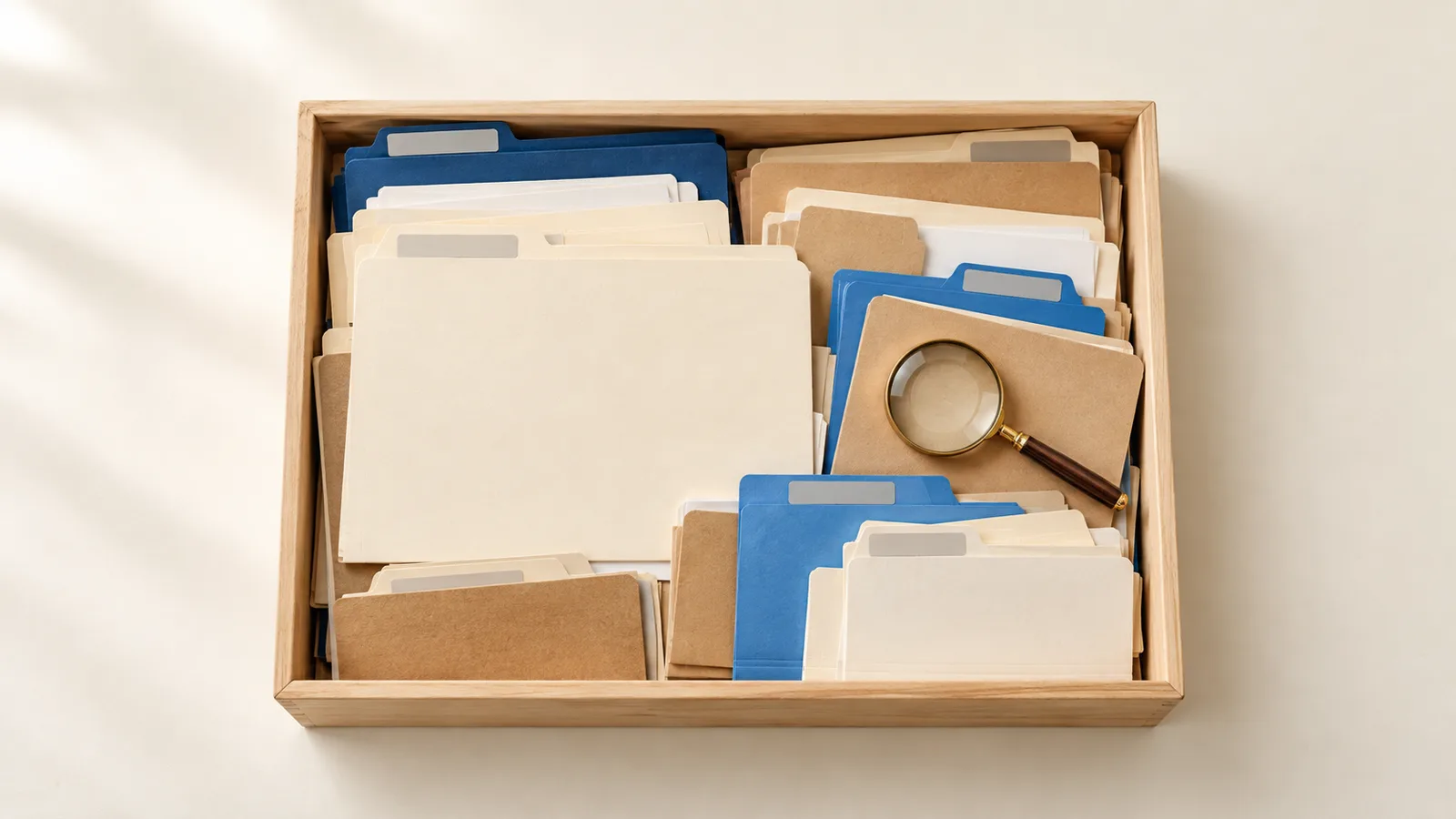 Photo-style illustration: a wooden drawer packed with folders of different sizes and a magnifying glass resting on one of them.