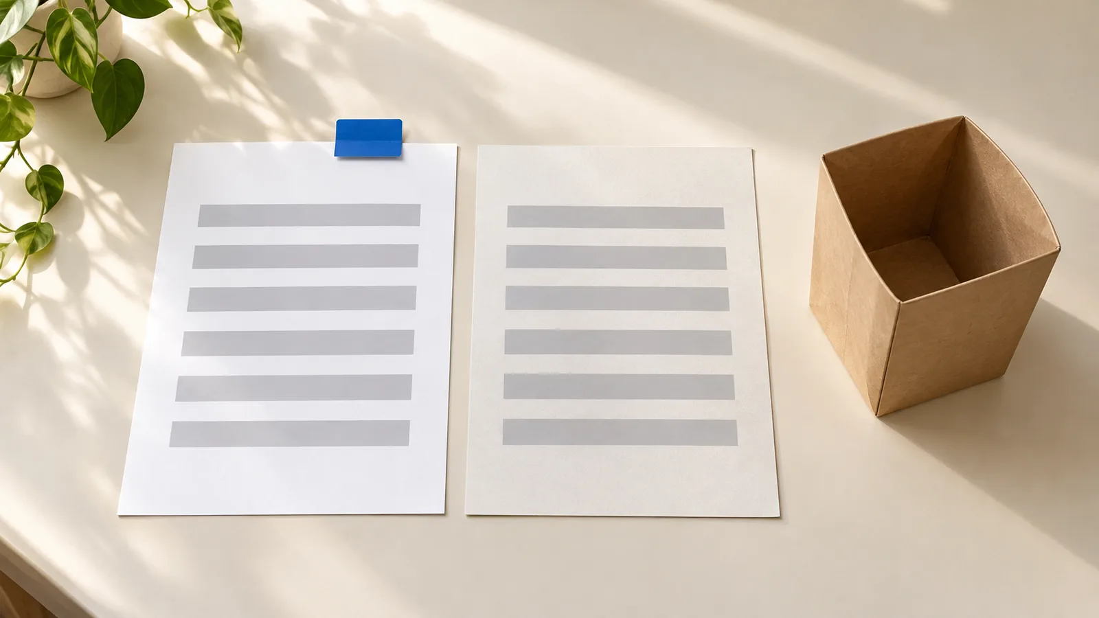 Photo-style illustration: two identical sheets with the same grey lines on a desk, one with a blue tab as the copy to keep, beside an open cardboard bin.