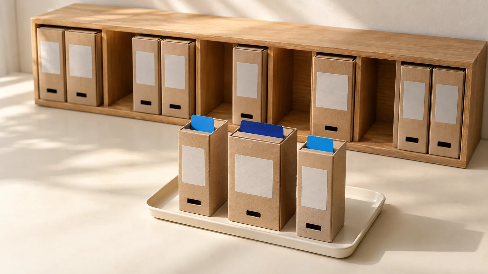 Photo-style illustration: a shelf of archive boxes with three of them pulled out onto a tray, each marked with a blue tab.