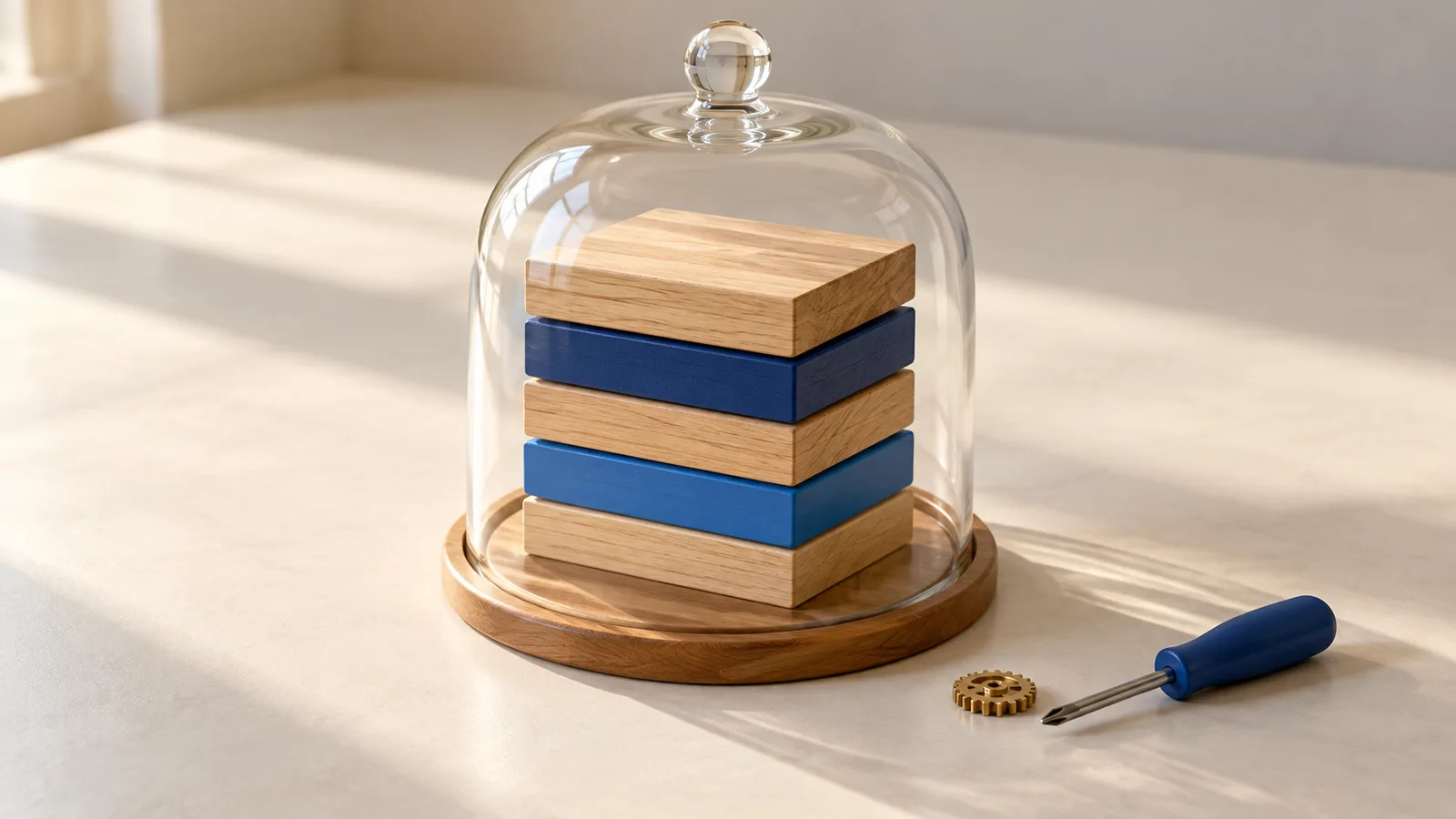 Photo-style illustration: a stack of five slabs under a glass dome, with a small gear and a screwdriver lying beside it.