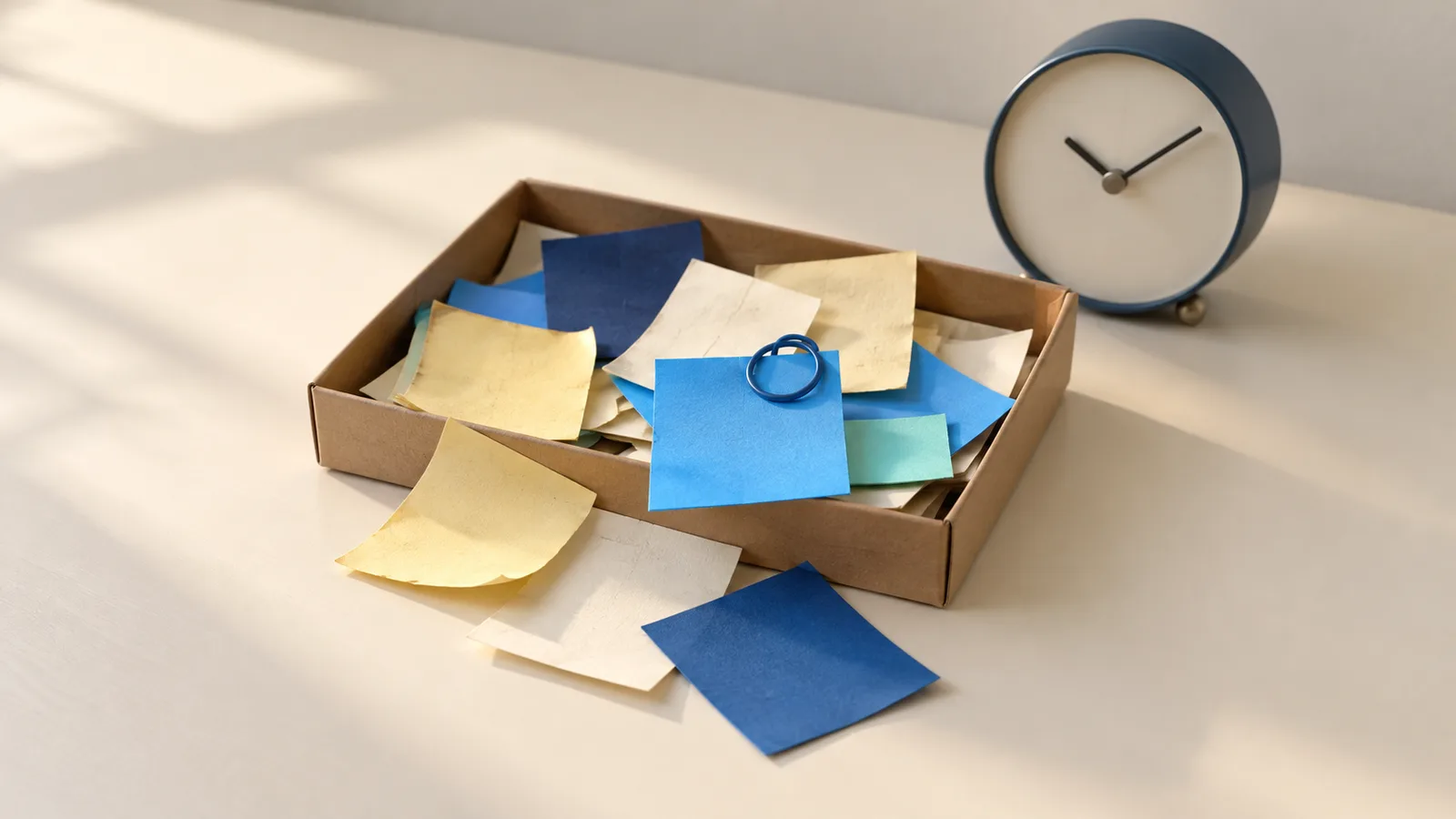 Photo-style illustration: a cardboard tray of loose paper slips, some fresh and some faded, beside a desk clock, with one slip held by a blue ring.
