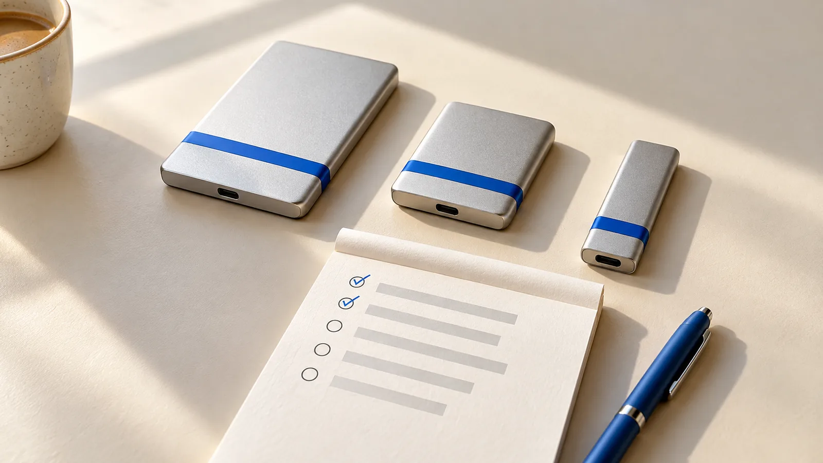 Photo-style illustration: three external drives of different sizes on a desk beside a notepad checklist with two items ticked.