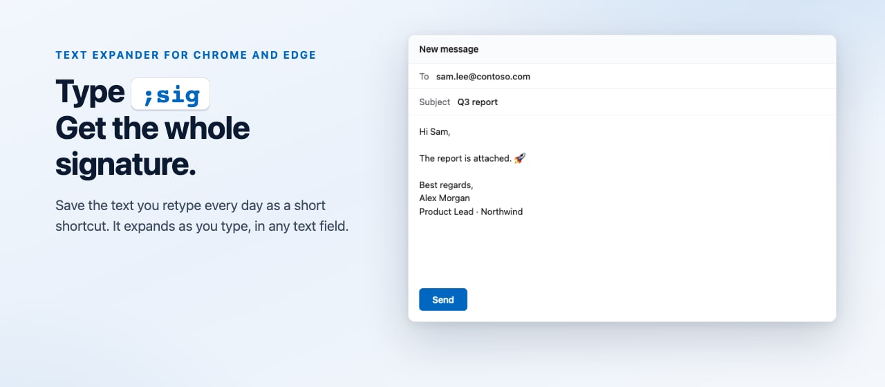 An email in the browser where the shortcut ;sig has expanded into a full signature
