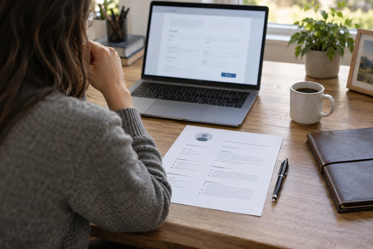 Job applicant at a laptop with a resume printout and notebook beside a blurred application form