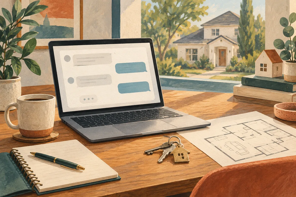 Illustrated real estate desk with a laptop, house keys and a floor plan