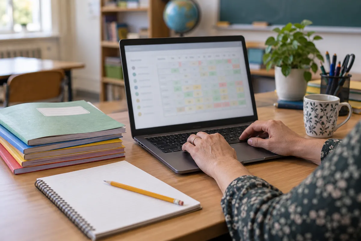 Teacher working at a laptop beside exercise books and assessment notes in a quiet classroom