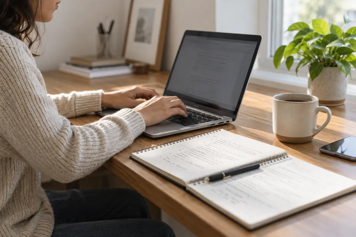 Person typing beside a notebook of reusable writing instructions